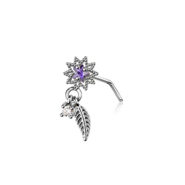 Star Nose Stud with Purple Crystal star and Feather Dangle