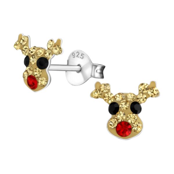 .925 Silver Ear Studs with Deer Face and Colour Gems