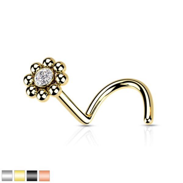 Coloured Surgical Steel Nose Screw with Flower Top and Clear Crystal