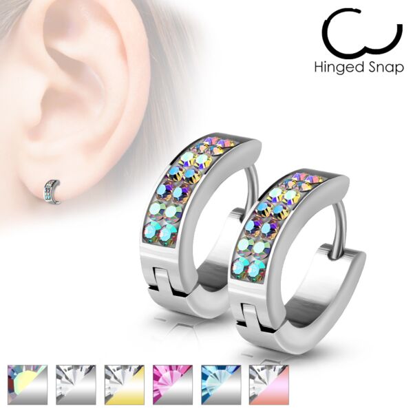 Pair of Hinged Oval Shaped Earrings with Coloured Crystals