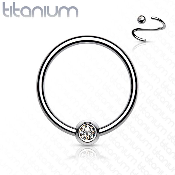 Titanium Ball Closure Ring with bezel set gemmed ball - 1.6 mm - 12 mm
