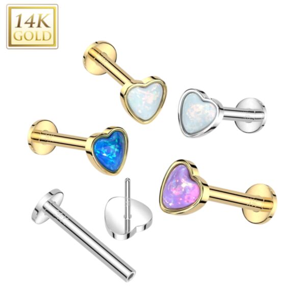 14 Kt Gold Threadless Labret with Heart Shaped Opal Top
