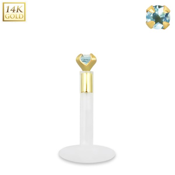 Bioflex labret with 14kt. gold top and coloured crystal – 6 mm – Aqua