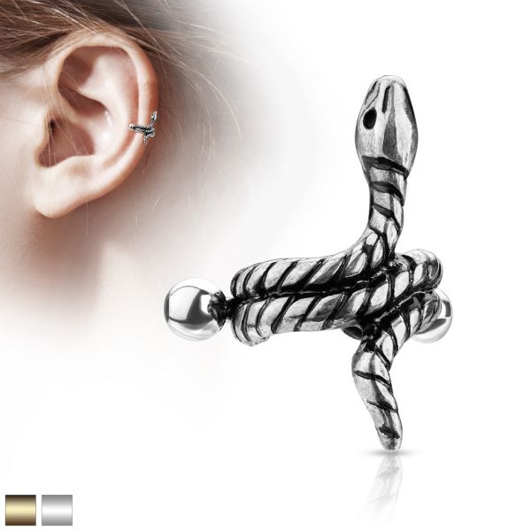 Helix cuff piercing with coloured coiled snake