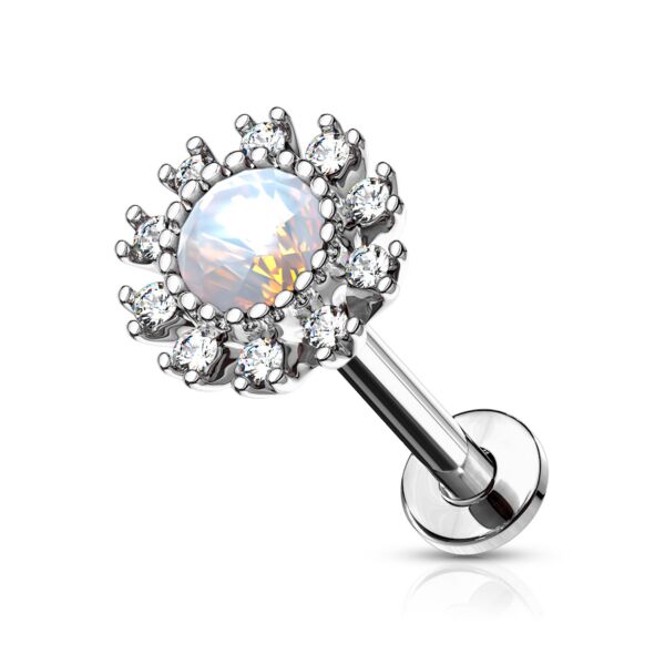 Internally threaded labret with paved round flower and opal centre – 6 mm – Silver