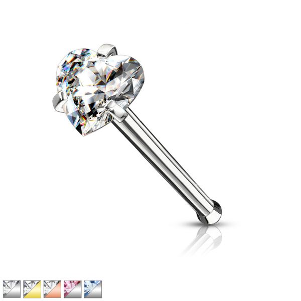 Nose bone with coloured prong set heart crystal