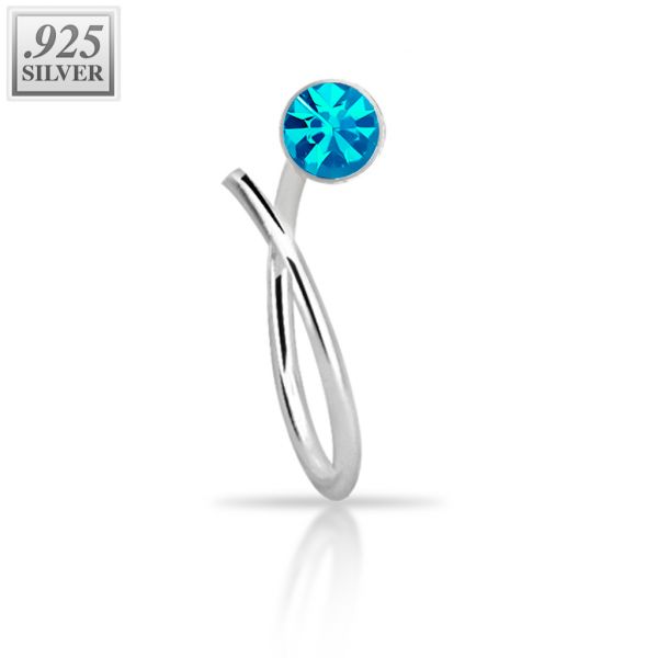 Sterling silver nose ring with coloured crystal end – 8 mm – Aqua
