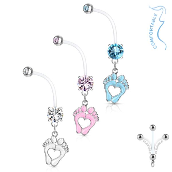 Belly bar with crystal and dangling baby feet