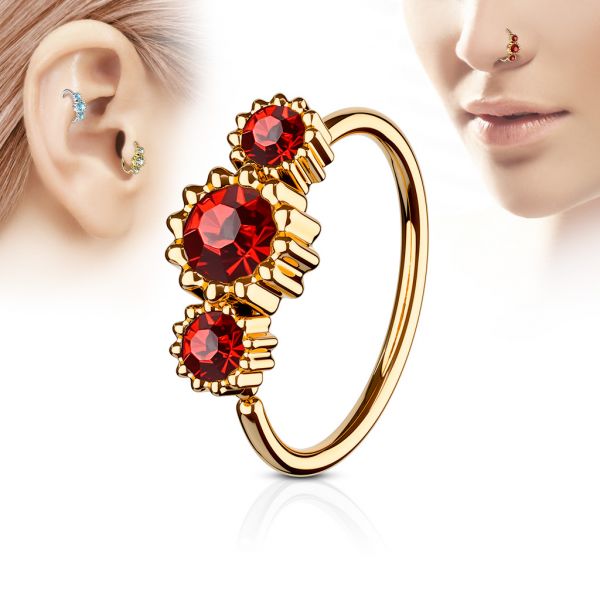 Rose gold piercing ring with 3 coloured round diamonds - aqua