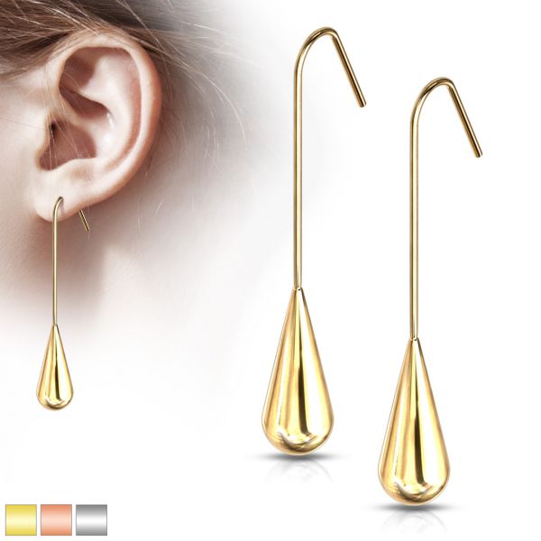 Pair of long teardrop hanging steel hook earrings
