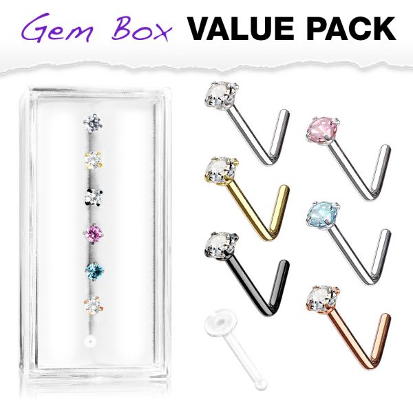 Set nose studs with coloured crystals in gem box